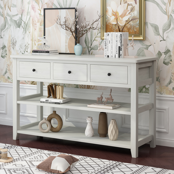 Console Table with Wood Frame and Legs, Sofa Table Entryway Table with 3 Drawers and 2 Open Shelves Antique White