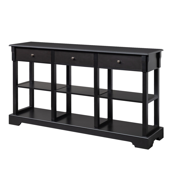 Console Sofa Table with Ample Storage, Retro Kitchen Buffet Cabinet Sideboard with Open Shelves and 3 Drawers, Accent Storage Cabinet for Entryway/Living Room Black Color 