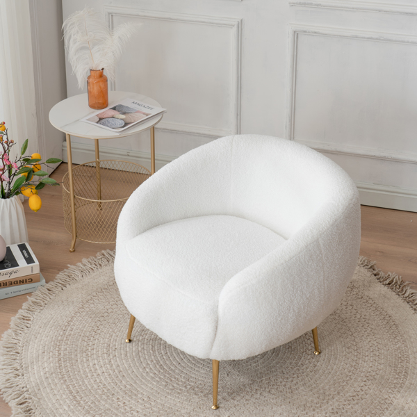 Faux Fur Barrel Accent Chair with Ottoman for Bedroom Living Room Guestroom, White