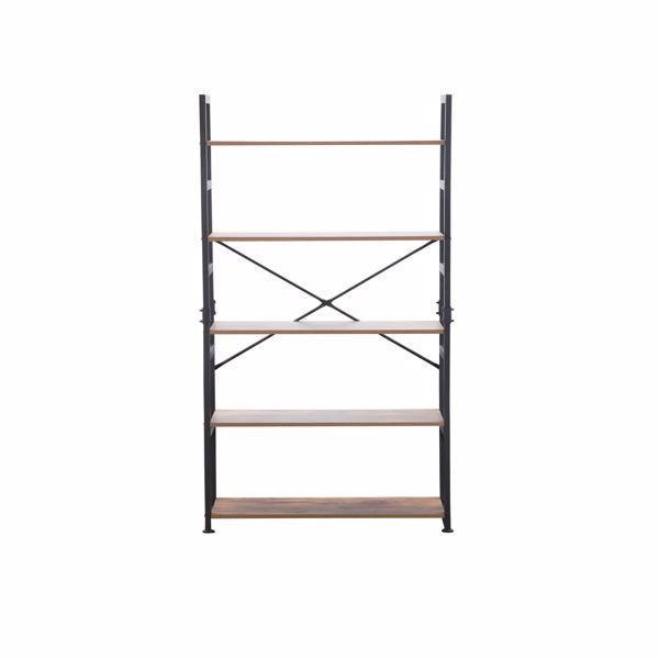 Ladder Shelf Bookcase 5 Tiers | Bookshelf with Open Storage, Metal Frame with Wood Board | Rustic + Black