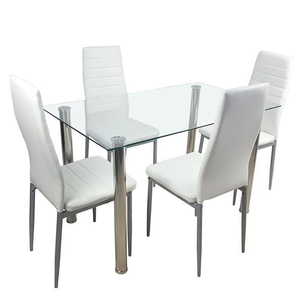  110cm Dining Table Set Tempered Glass Dining Table with 4pcs Chairs Transparent & Creamy White（ Go to new encoding：09951951）