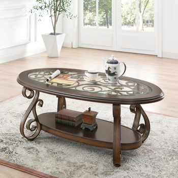 Coffee Table with Glass Table Top and Powder Coat Finish Metal Legs，Dark Brown （52.5\\"X28.5\\"X19.5\\")