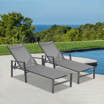 Outdoor 2-Pcs Set Chaise Lounge Chairs, Five-Position Adjustable Aluminum Recliner With Armrests,All Weather For Patio, Beach, Yard, Pool ， Gray