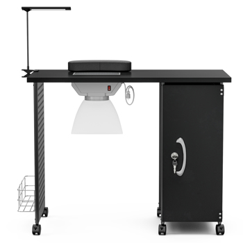 Portable Nail Desk Nail Art Table Workstation with Removable Drawers，Lockable Wheels, Fan Dust Collector,Lamp,Wrist rest Black