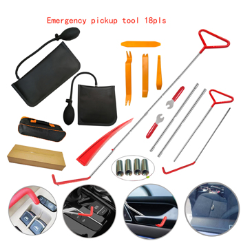 18pcs Car Tools Kit with 4 long reach grabbers, 2 air bag pumps, 4 trim removal tools, 4 fastener nuts, 2 wrenches, 1 injury free wedge, 1 tool case bag, 1 manual