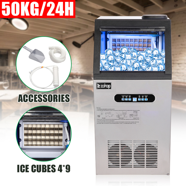 ZK-110 120V 495W 110lbs/50kg/24h Ice Maker Stainless Steel Transparent Frosted Lid/Display/4*9 Aluminum Ice Tray Commercial Silver