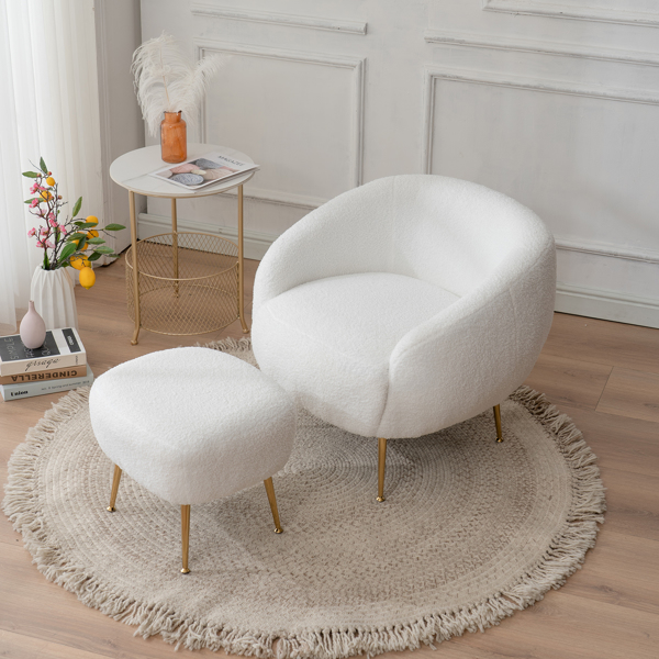 Faux Fur Barrel Accent Chair with Ottoman for Bedroom Living Room Guestroom, White