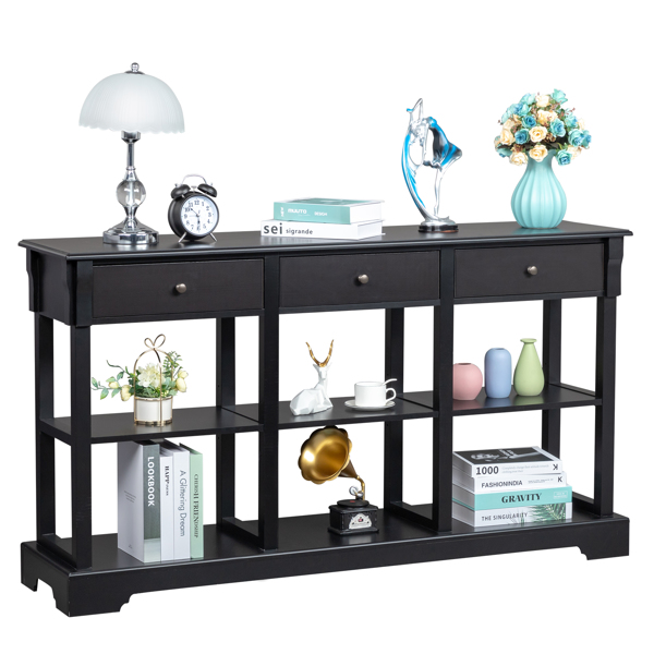 Console Sofa Table with Ample Storage, Retro Kitchen Buffet Cabinet Sideboard with Open Shelves and 3 Drawers, Accent Storage Cabinet for Entryway/Living Room Black Color 