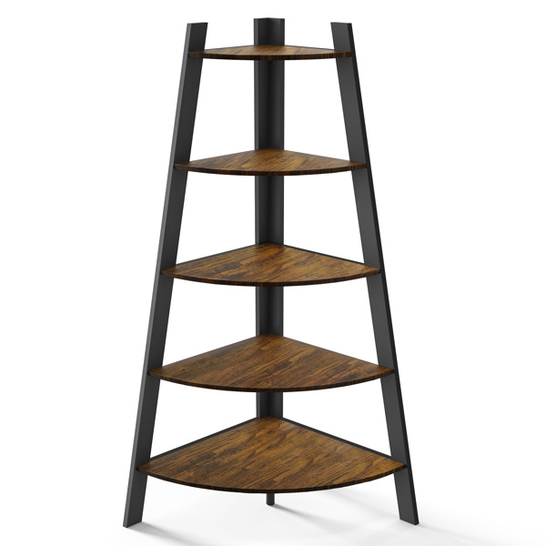 Corner Shelf, 5 Tier Corner Shelf Tall Rustic Multipurpose Bookshelf with 1.96'' Wide Frame, Industrial Ladder Shelf and Plant Stand with Support Foot Pads for Living Room, Home Office