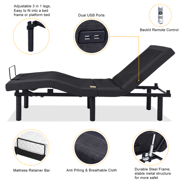  573.00lbs With 4 Points Massage, Dual Motors, Wireless Remote Control, Electric Lift Bed