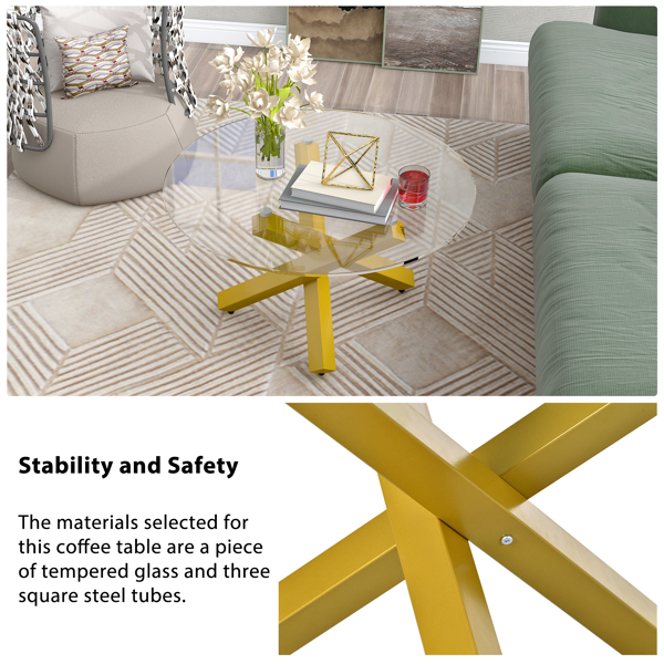 3 legs Simple & Modern Style Coffee Table Cocktail Table with Tempered Glass Tabletop and Steel Pipes with Adjustable Plastic Pads Easy Assembly, Gold