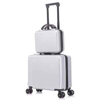 2 Piece Travel Luggage Set Hard shell Suitcase with Spinner Wheels 18” Underseat luggage and 14” Comestic Travel case Toiletry box  Silver