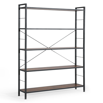 5-Shelf Bookshelf, Modern Freestanding Bookcase with Steel Frame, X-Shaped Metal Tube, Rustic Bookshelf for Storage and Display for Bedroom, Living Room, Study, Home Office