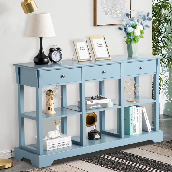Console Sofa Table with Ample Storage, Retro Kitchen Buffet Cabinet Sideboard with Open Shelves and 3 Drawers, Accent Storage Cabinet for Entryway/Living Room Teal Blue Color