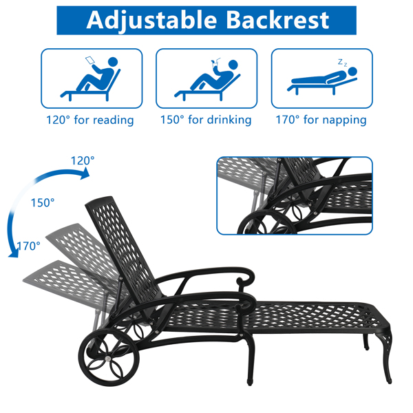 193*64.5*93cm Backrest Adjustable Courtyard Cast Aluminum Lying Bed Black