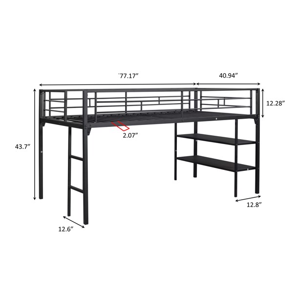 Low Loft bed with storage shelves