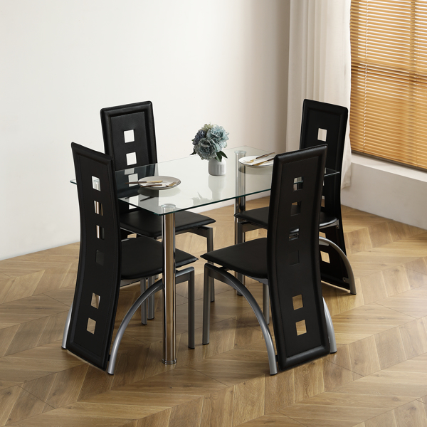5-Piece Dining Table Set with 1 Glass Transparent  Dining Table and 4 PVC Black Chairs, Modern Dining Table Set for Kitchen & Breakfast Dining Living Room(This product will be split into two packages)
