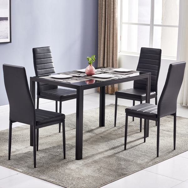 Simple Assembled Tempered Glass & Iron Dinner Table + 4pcs Elegant Assembled Stripping Texture High Backrest Dining Chairs Black 