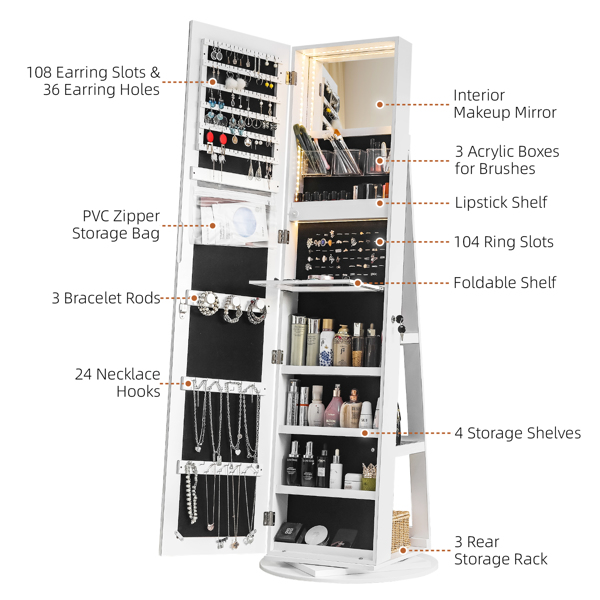 Jewelry Armoire with Full Length Mirror 360° and Large Capacity Jewelry Organizer Armoire, Lockable Mirror with Jewelry Storage, Multi Storage Shelves