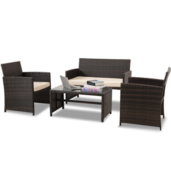 Cpintltr 4 Pieces Outdoor Wicker Furniture Sets PE Rattan Chair Patio Conversation Sets with Soft Cushions and Glass Tabletop Poolside Lawn Chairs for Balcony Garden Backyard Porch Khaki(4)