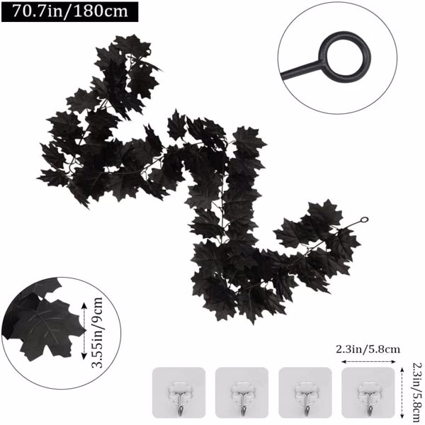 2 Pcs Fall Maple Leaf Garland,Fall Decor,Fall Leaves Garland,5.9ft Strand Hanging Vine ​Black Garland with 24pcs Spider Bat Sticker 4 hooks for Party Home Fireplace Outdoor
