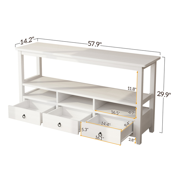 3 Tier Vintage Solid Console Table with 3 Drawers and Shelves, Industrial Console Table Coffee Table for Living Room Entry Bedroom White Color