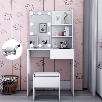  Luxury Dressing Table & Stool Set - Makeup Desk Mirror 10 LED Bulbs Dresser