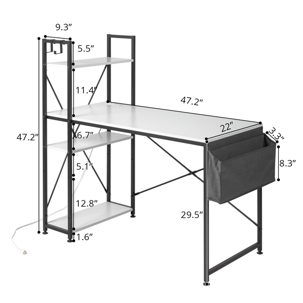 FCH 120*60*120cm Particleboard Paste Triamine H Type With Non-woven Bag USB Power Port Computer Desk White