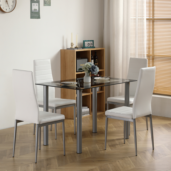 5-piece dining table set, equipped with 1 black wrapped glass dining table and 4 PVC white chairs, suitable for kitchen and dining room (this product will be split into two packages)