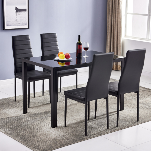 Simple Assembled Tempered Glass & Iron Dinner Table + 4pcs Elegant Assembled Stripping Texture High Backrest Dining Chairs Black 