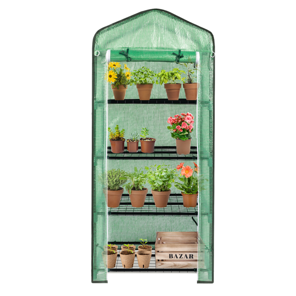 69x49x160cm Black Iron Pipe Pointed Mini Flower Stand With 4 Layers Of Grid, With Zipper Rolling Door, PE Cloth Green House