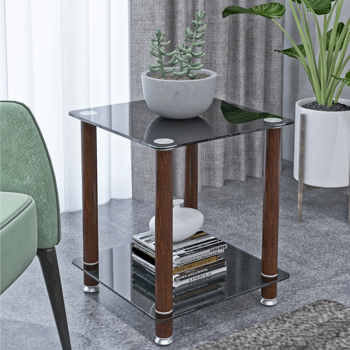 1-Piece Transparent+Walnut Side Table , 2-Tier Space End Table ,Modern Night Stand, Sofa table, Side Table with Storage Shelve