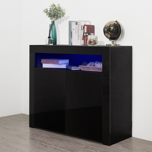 Living Room Sideboard Storage Cabinet Black High Gloss with LED Light, Modern Kitchen Unit Cupboard Buffet Wooden Storage Display Cabinet TV Stand with 2 Doors for Hallway Dining Room