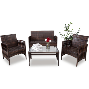 Patio Furniture 4 Pieces Conversation Sets Outdoor Wicker Rattan Chairs Garden Backyard Balcony Porch Poolside loveseat with Glass Coffee Table, Brown 