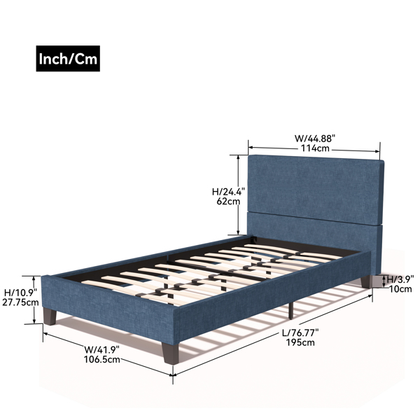 Upholstered Linen Twin Platform Bed - Metal Frame with Tufted Square Stitched Fabric Headboard - Strong Wood Slat Support - No Box Spring Needed, Dark Blue/Twin Size