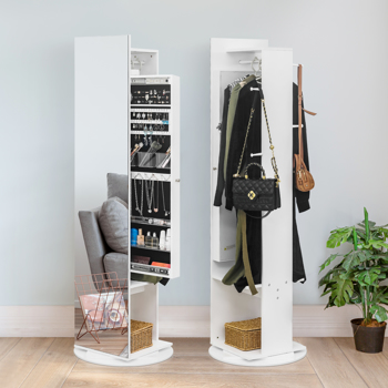 Jewelry Armoire with Full Length Mirror 360° and Large Capacity Jewelry Organizer Armoire, Lockable Mirror with Jewelry Storage, Coat Rack，Multi Storage Shelves