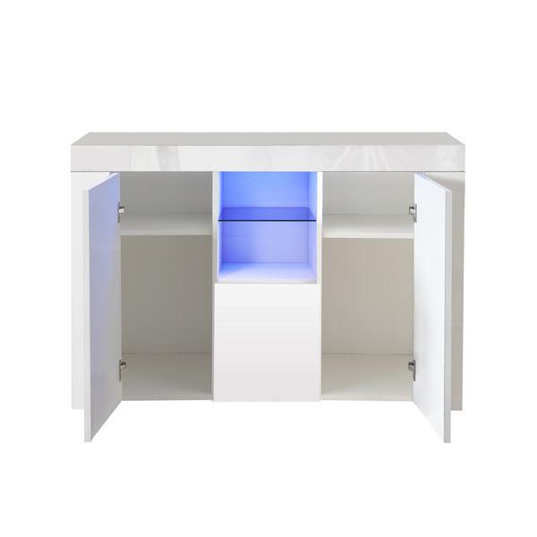 Kitchen Sideboard Cupboard with LED Light, White High Gloss Dining Room Buffet Storage Cabinet Hallway Living Room TV Stand Unit Display Cabinet with Drawer and 2 Doors