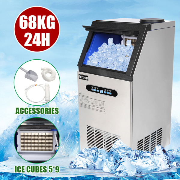 ZOKOP ZK-150 120V 495W 150lbs/68kg/24h Ice Maker Stainless Steel Transparent Frosted Lid/Display/5*9 Aluminum Ice Tray Commercial Silver