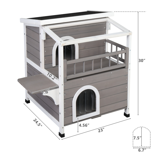 HOBBYZOO Wooden Cat house 2-Story Indoor Outdoor Luxurious Cat Shelter House with Transparent Canopy, Large Balcony, Openable Weatherproof Roof,Double escape door, Grey&White