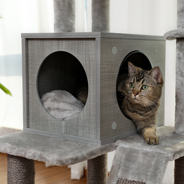 Wooden Cat Tree 4 Levels Platform for Large Cats Featuring with Fully Scratching Posts, Hammock, Padded Perch and Dangling Ball