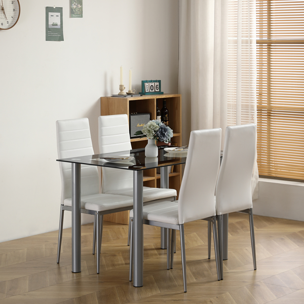 5-piece dining table set, equipped with 1 black wrapped glass dining table and 4 PVC white chairs, suitable for kitchen and dining room (this product will be split into two packages)