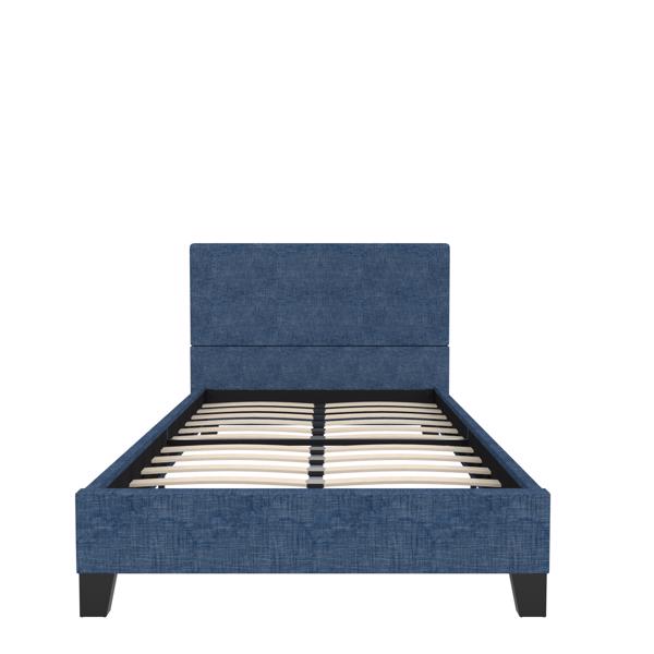 Upholstered Linen Twin Platform Bed - Metal Frame with Tufted Square Stitched Fabric Headboard - Strong Wood Slat Support - No Box Spring Needed, Dark Blue/Twin Size