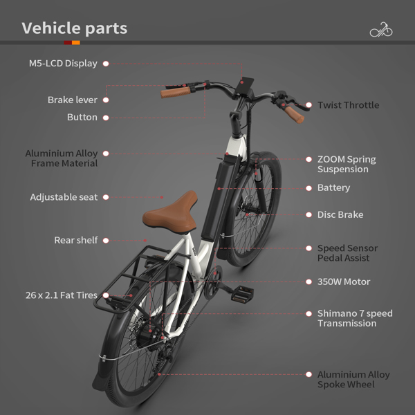 AOSTIRMOTOR 26" Tire 350W Electric Bike 36V 10AH Removable Lithium Battery City Ebike for Adults Girls G350 New Model 