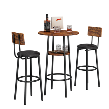 Double Layer Round Bar Table with 2 Bar Stools PU Soft Seat Back Breakfast table.(Rustic Brown,23.62’’w x 23.62’’d x 35.43’’h)