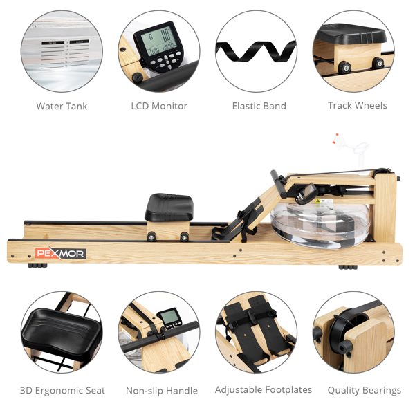 Water Rowing Machine,Oak Wood Water Rower with LCD Monitor Resistance Wooden Rower for Home Use 264 LBS Capacity 