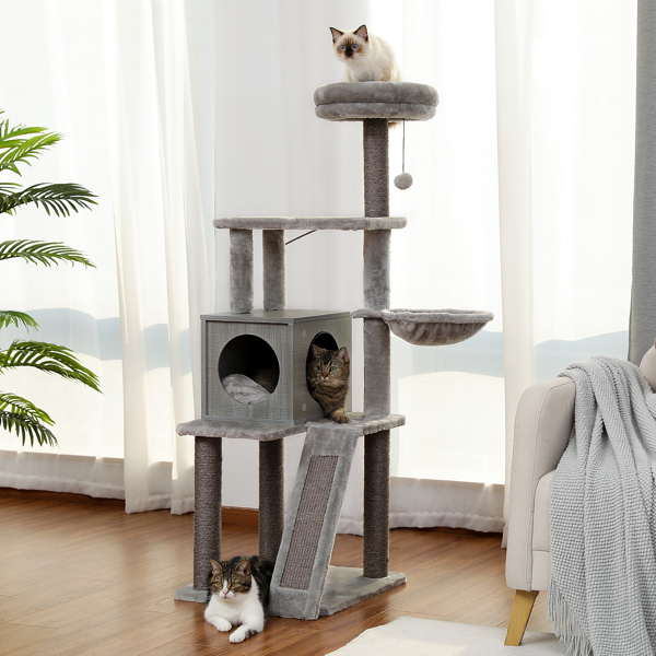 Wooden Cat Tree 4 Levels Platform for Large Cats Featuring with Fully Scratching Posts, Hammock, Padded Perch and Dangling Ball