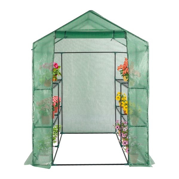 143x143x195cm Black Iron Pipe Steeple With 8 Pieces Grid Flower Stand With Zipper Rolling Door PE Cloth Greenhouse
