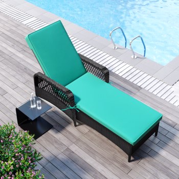 Outdoor patio pool PE rattan wicker chair wicker sun lounger, Adjustable backrest, green cushion, Black wicker (1 set)