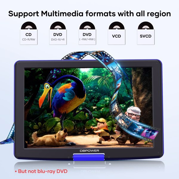 DBPOWER 17.9" Portable DVD Player with 15.6" Large HD Swivel Screen, 6 Hour Rechargeable Battery, Support USB/SD and Multiple Disc Formats, High Volume Speaker, Car Charger, Blue, (FBA 发货，周末不发货)