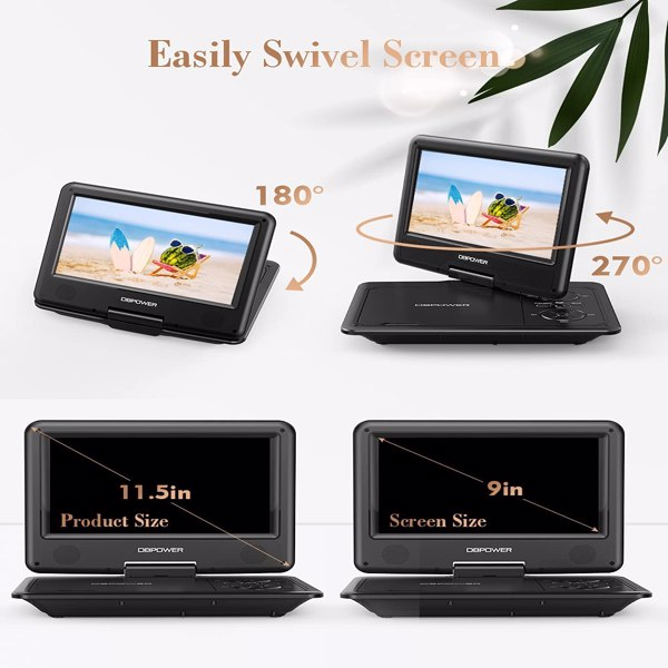 DBPOWER 11.5" Portable DVD Player, 5-Hour Built-in Rechargeable Battery, 9" Swivel Screen Region Free (Black)